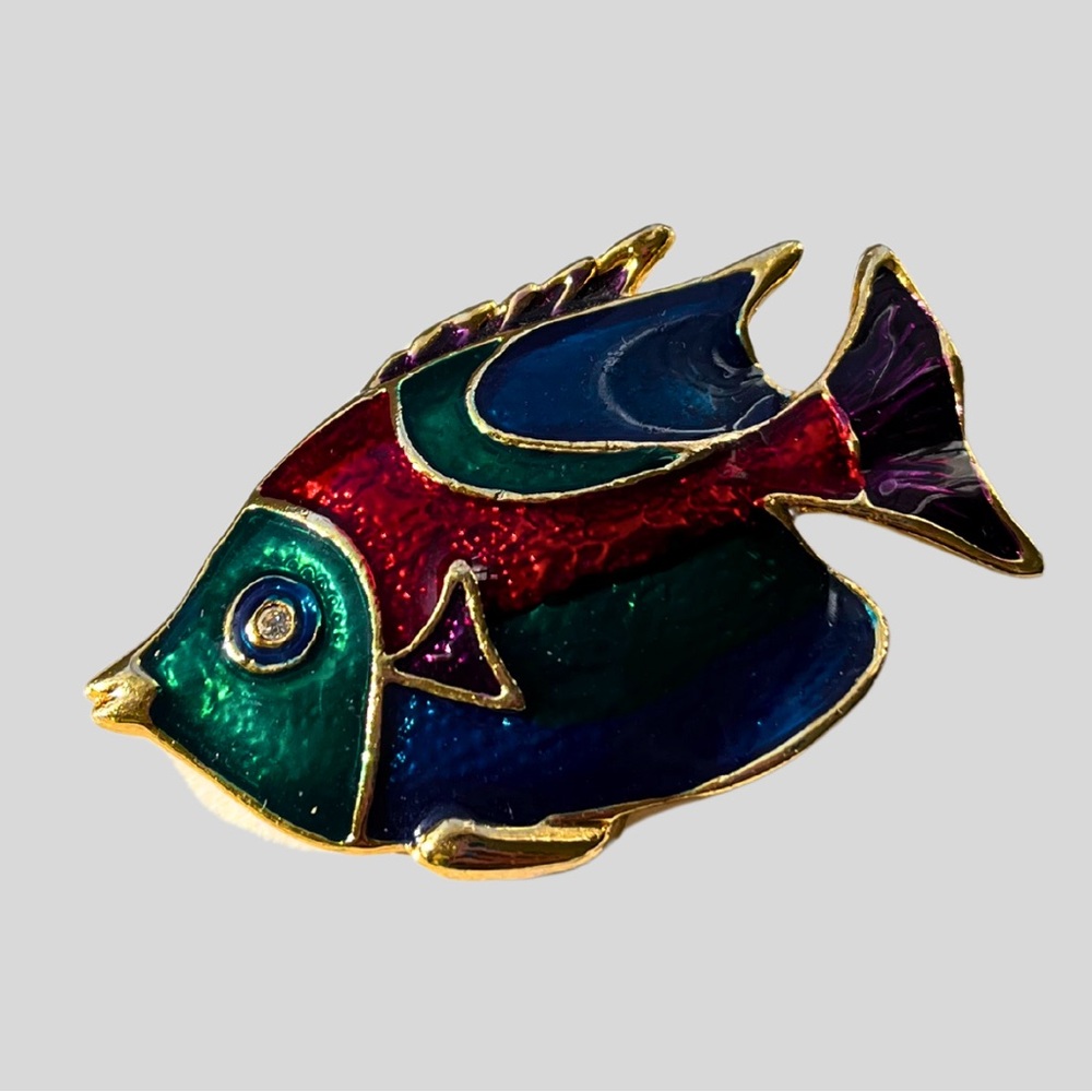 Vintage 1980s Tropical Fish Brooch Enamel Pin Jewel Tones